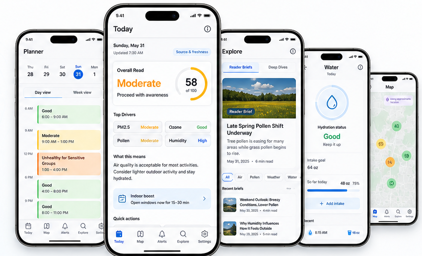 StinkDEX Health screens for Planner, Today, Explore, Water, and Map with sample guidance data