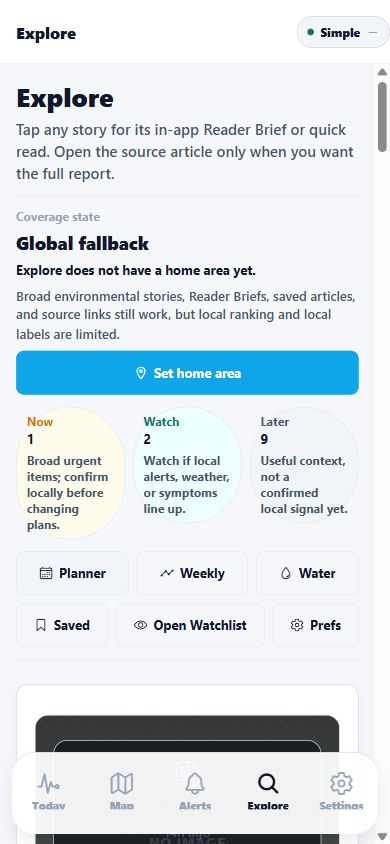 StinkDEX Health Explore screen with Reader Briefs and environmental stories