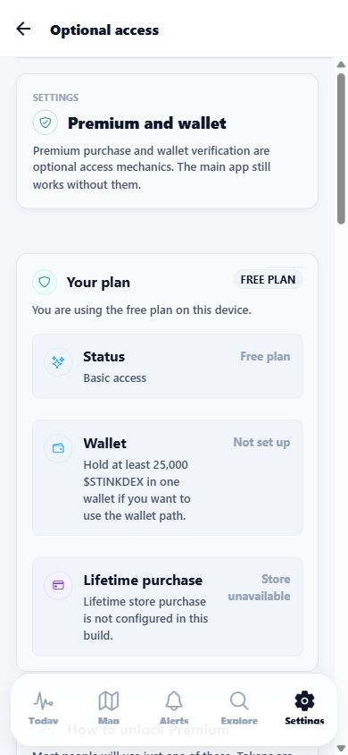 StinkDEX Health Premium screen with advanced planning and pattern features