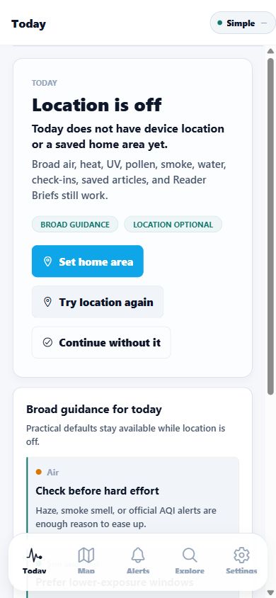 StinkDEX Health Today screen with local environmental guidance